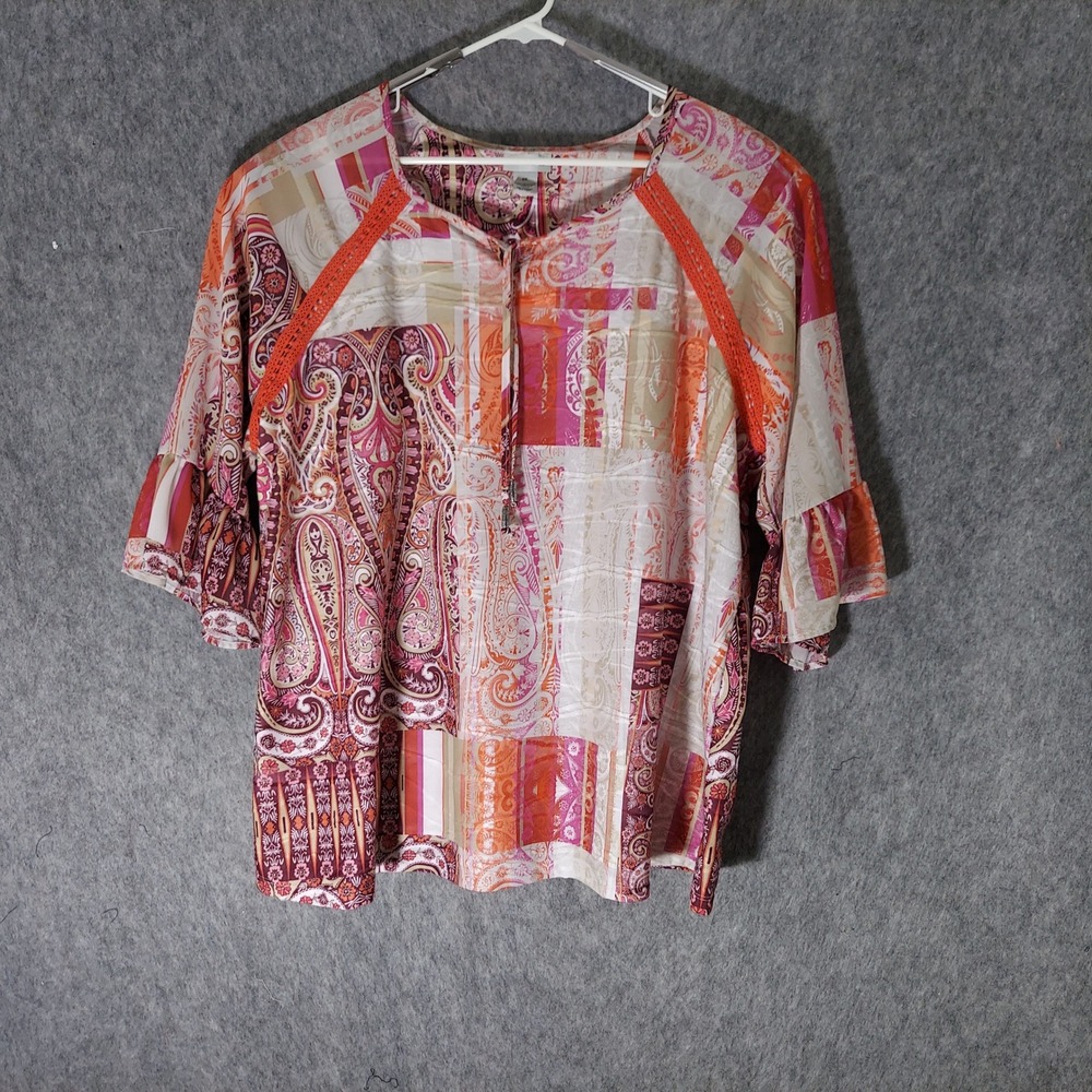 Catherines Blouse 2X Pink Paisley Patchwork Crochet Embroidered Bell Sleeve Top